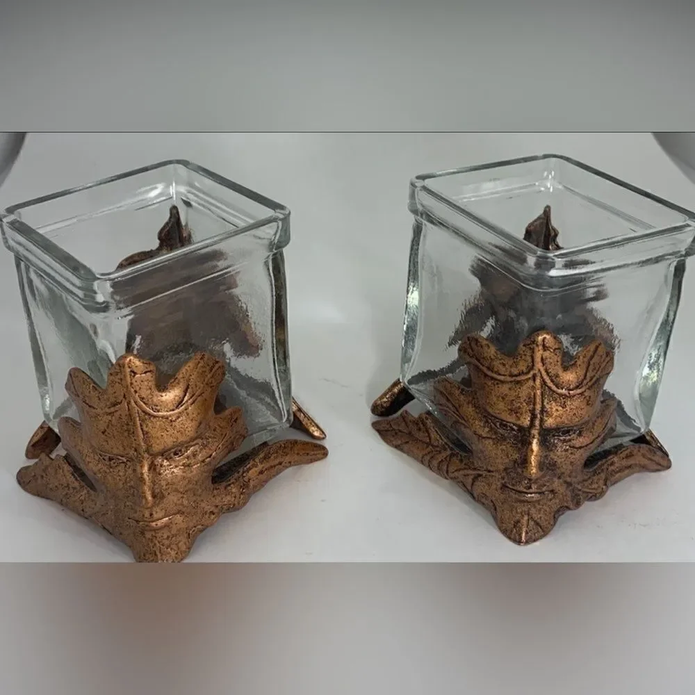 Copper Leaf Clear Heavy Canadian Glass Face Votive Candle Holder Set 2 Used